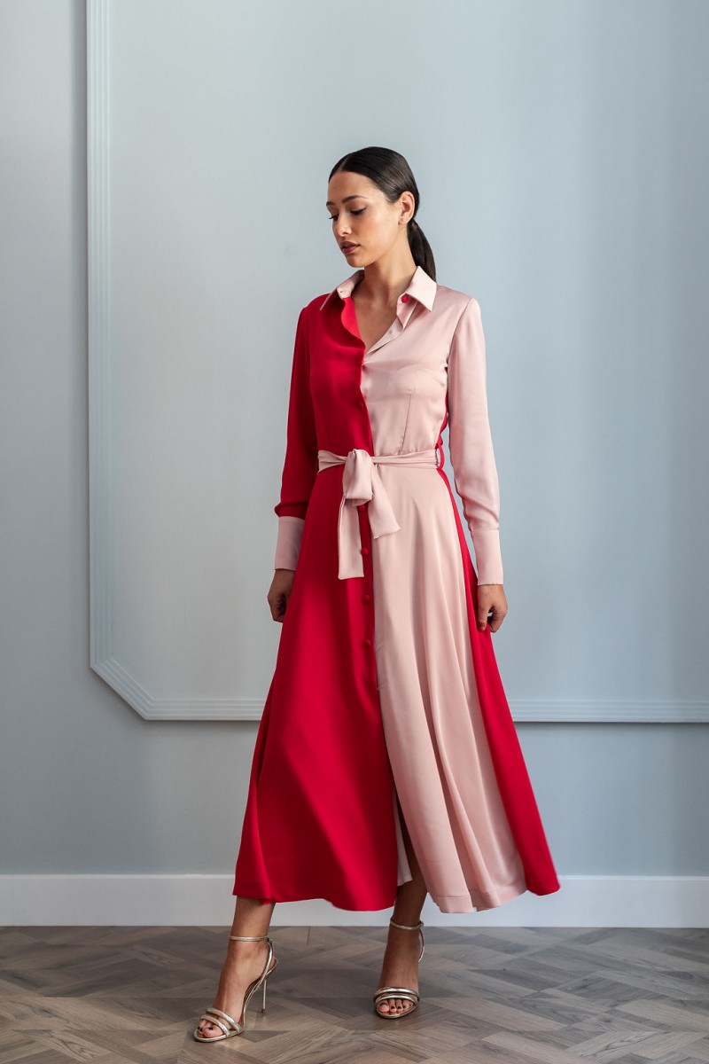 precioso vestido camisero de corte midi de color rojo y rosa para invitadas apparentia
