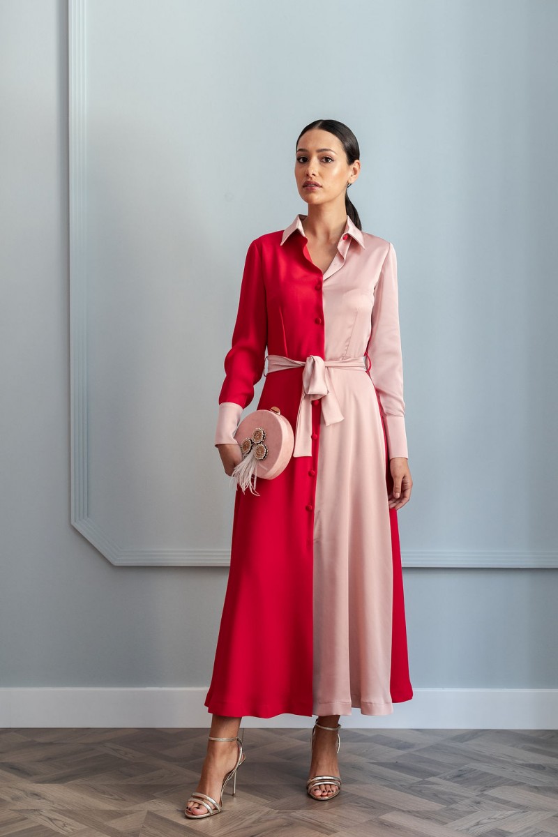 shopping online vestido camisero midi crepe rojo y rosa manga larga con cinturon de apparentia invitadas