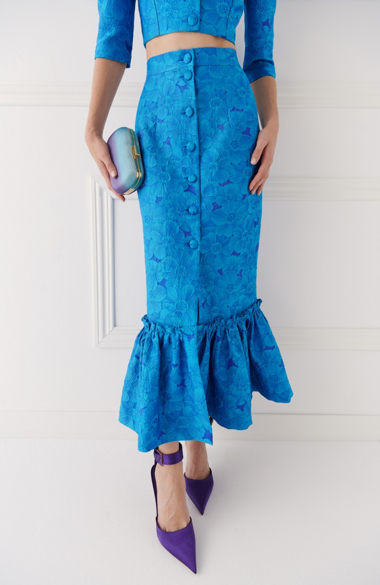  falda jacquard brocado azul abotonada con botones forrados y volante para invitada de boda, mama de comunion, mama de bautizo, fiesta, evento, conjunto