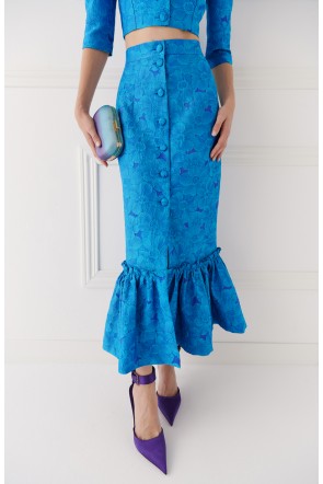  falda jacquard brocado azul abotonada con botones forrados y volante para invitada de boda, mama de comunion, mama de bautizo, fiesta, evento, conjunto