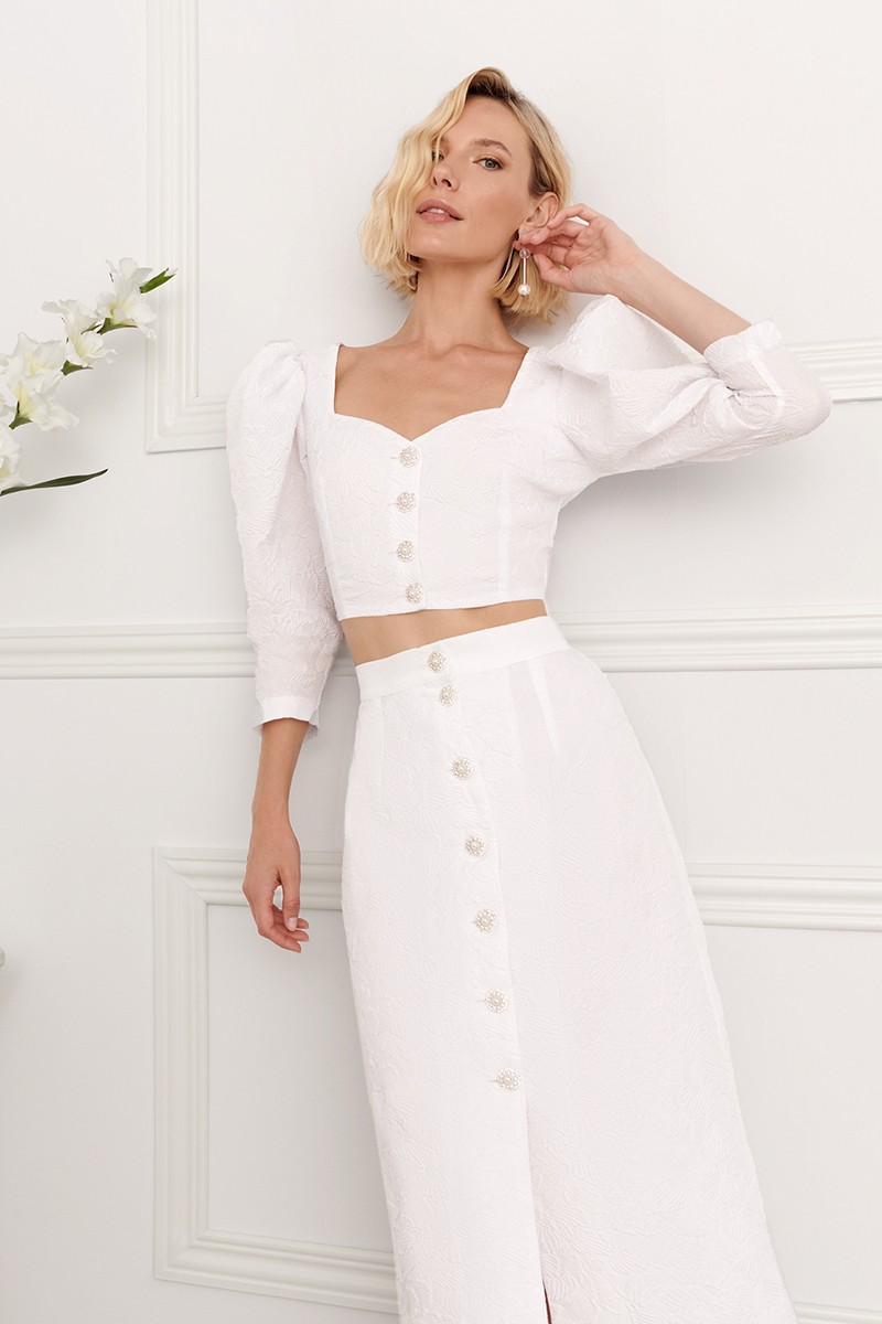 comprar online falda blanca de jacquard brocado con botones joya para novia civil,  mama de comunion, mama de bautizo, fiesta, apparentia