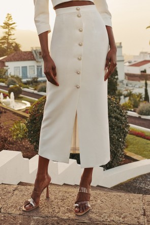  Falda recta midi con botones joya crepe blanco para mamá de comunion, bautizo, boda intima, novia civil