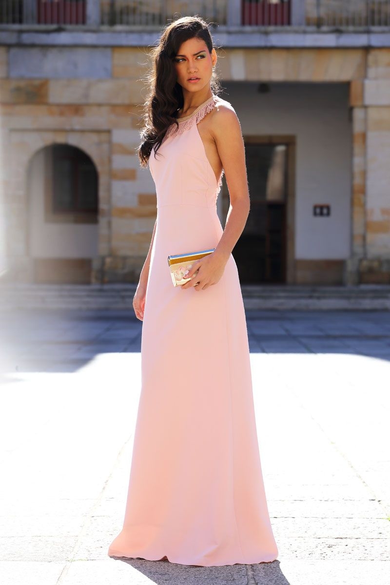 vestido rosa palo largo con escote en la espalda para invitadas bodas eventos fiestas de primavera verano en apparentia
