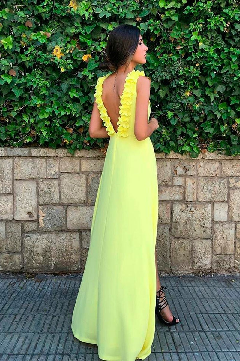 comprar online vestido largo amarillo con escote en la espalda de fiesta boda evento coctel graduacion de apparentia collection