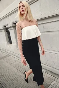vestido midi blanco y negro con cuerpo plumetti