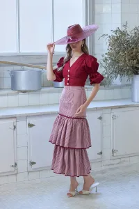Falda midi cuadro vichy volantes blanco y burdeos