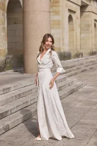 Vestido largo camisero en tejido brocado blanco