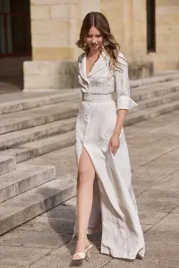 Vestido largo camisero en tejido brocado blanco