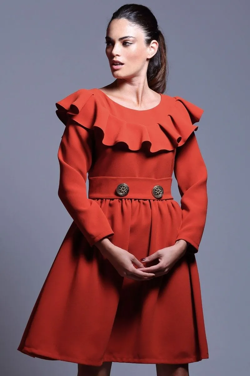 vestido de volantes corto marron de manga larga