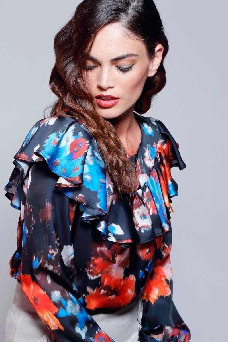blusa estampada de flores de manga larga con volantes