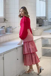 Falda midi cuadro vichy volantes blanco y rojo