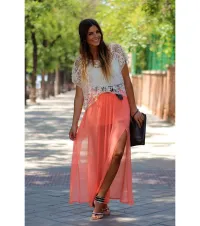 Comprar online falda larga de gasa de verano color rosa o coral