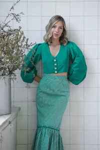 Falda midi cuadro vichy volantes blanco y verde