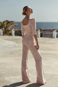 Pantalon palazzo brocado para invitada rosa nude