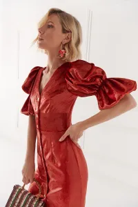 Vestido de fiesta de terciopelo teja con falda midi&nbsp;con volante