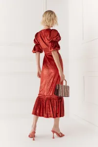 Vestido de fiesta de terciopelo teja con falda midi&nbsp;con volante