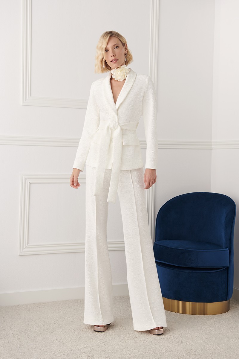 Traje chaqueta y pantalón brocado blanco Robin
