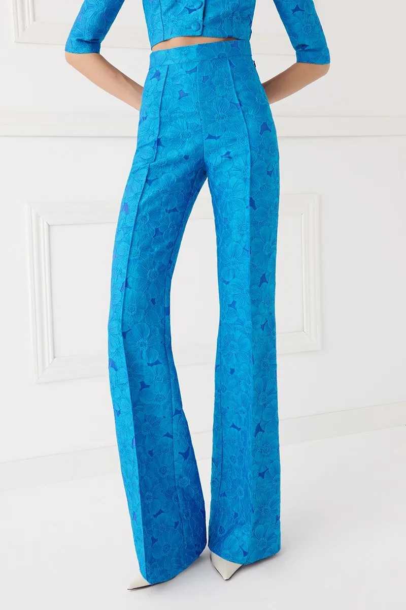 Pantalón Palazzo jacquard brocado azul para invitada boda