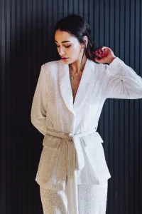 Traje chaqueta y pantalon de lentejuelas blanco para fiesta