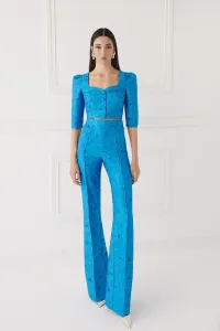 Pantalón Palazzo jacquard brocado azul para invitada boda