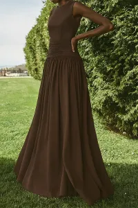 Vestido largo marron chocolate de fiesta para boda con canesú