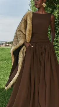 Vestido largo marron chocolate de fiesta para boda con canesú