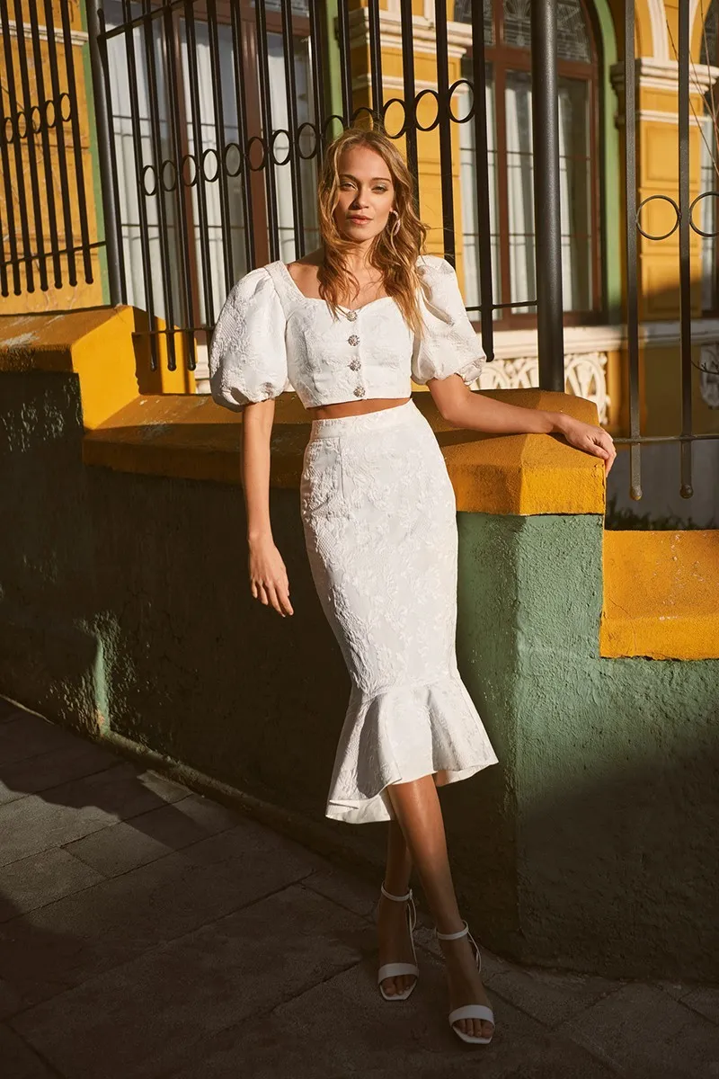 Top con manga abullonada de jacquard blanco Sélene