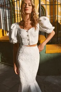 Top con manga abullonada de jacquard blanco Sélene