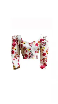 top manga jamón de lino con flores bordadas para invitadas