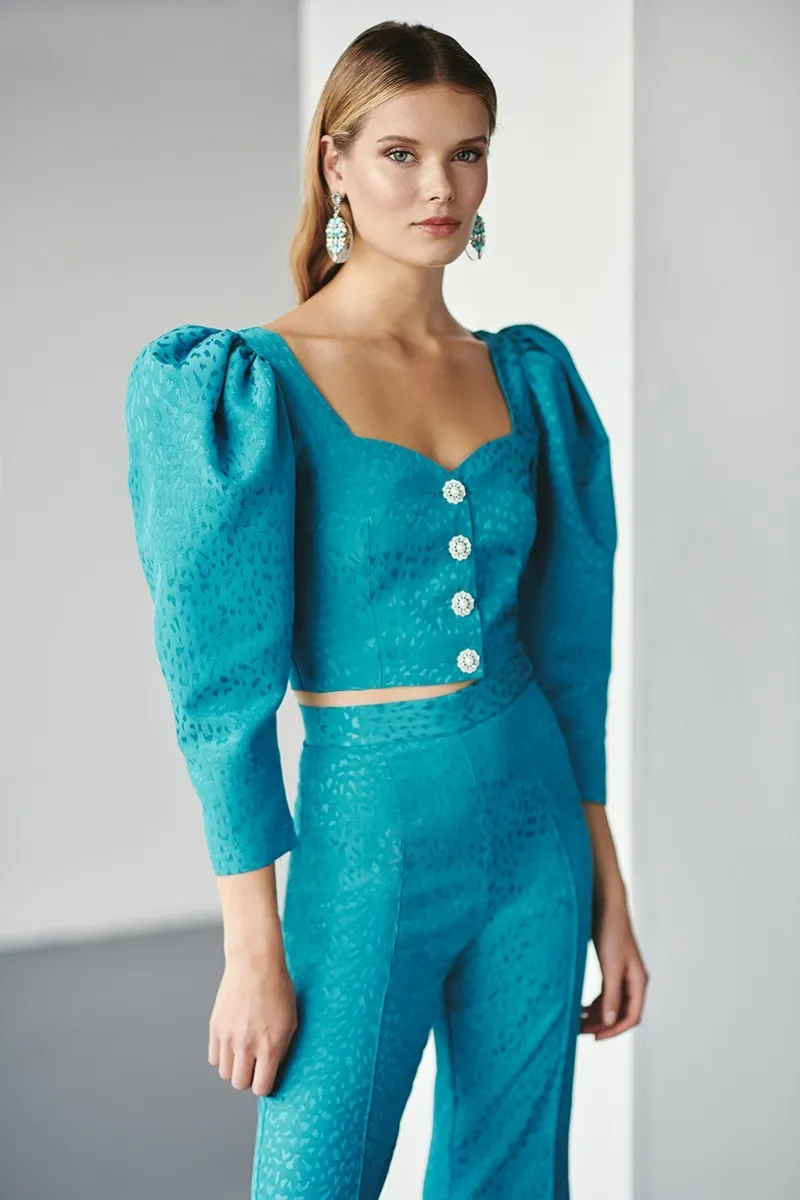 Conjunto de pantalon y top corto jacquard azul con escote corazon