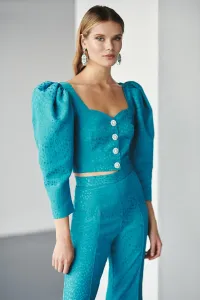 Conjunto de pantalon y top corto jacquard azul con escote corazon