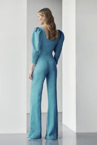 Conjunto de pantalon y top corto jacquard azul con escote corazon