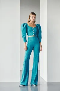 Conjunto de pantalon y top corto jacquard azul con escote corazon