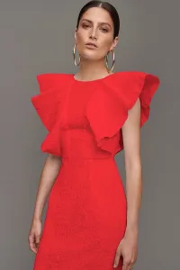 vestido brocado rojo con volantes para invitadas boda fiesta