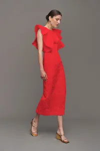 vestido brocado rojo con volantes para invitadas boda fiesta