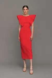 vestido brocado rojo con volantes para invitadas boda fiesta