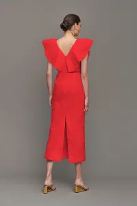vestido brocado rojo con volantes para invitadas boda fiesta