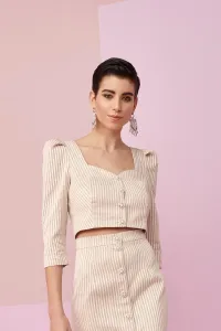 Conjunto de pantalon palazzo y top corto con botones rayas beige