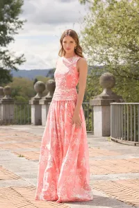 Vestido largo rosa con flores blancas de fiesta para boda con