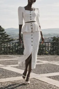 Falda brocada blanca midi joya con peplum