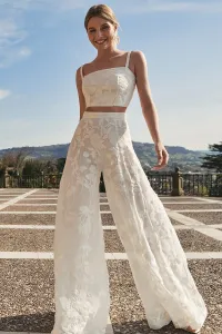 Top corto gasa bordada blanca flores para novias, mama comunion