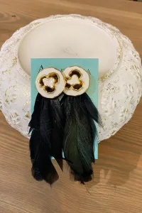 Pendientes Aplicación Blanca y Dorada y Plumas Negra