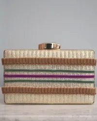 Bolso camel con tiras de terciopelo de colores