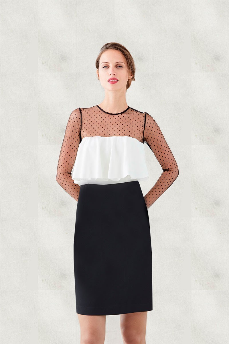 vestido corto blanco y negro plumetti con bordado