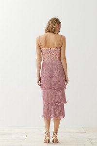 Vestido lencero rosa brocado flecos Clea