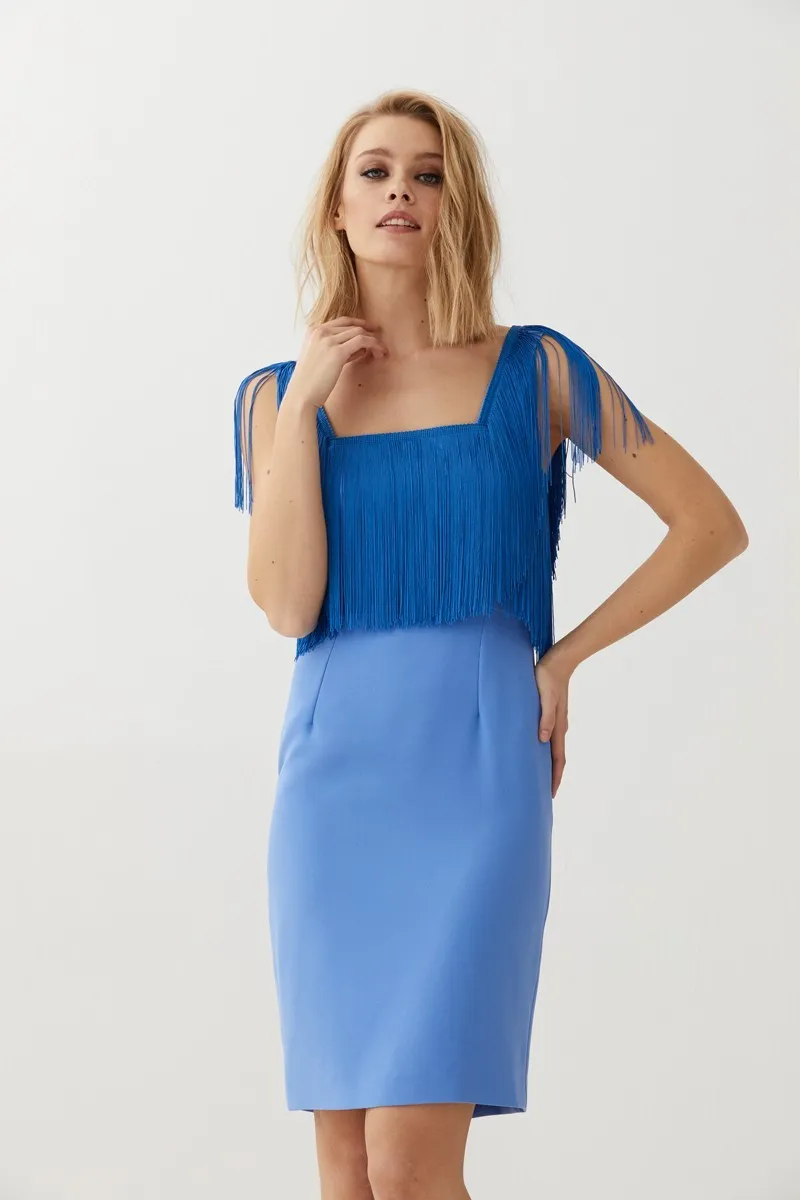 Vestido Corto Azul con Flecos Elissa