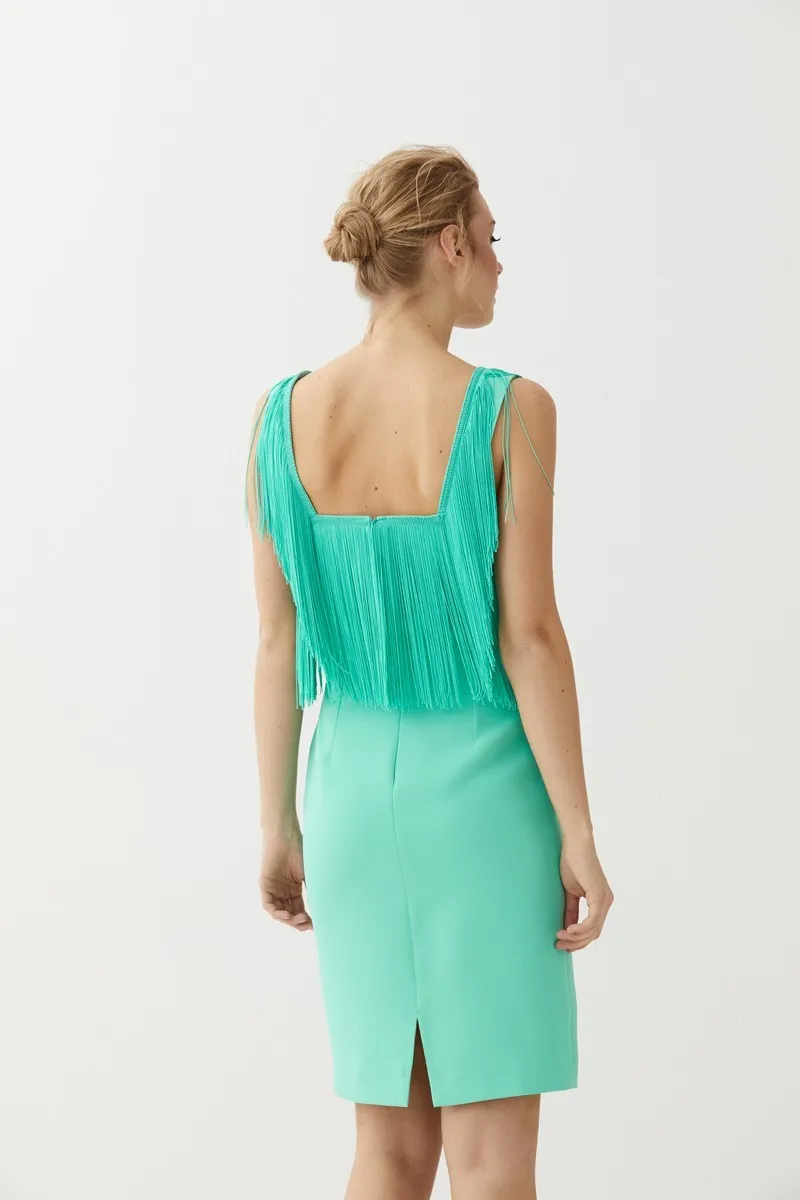 Vestido Corto Aguamarina con Flecos Elissa