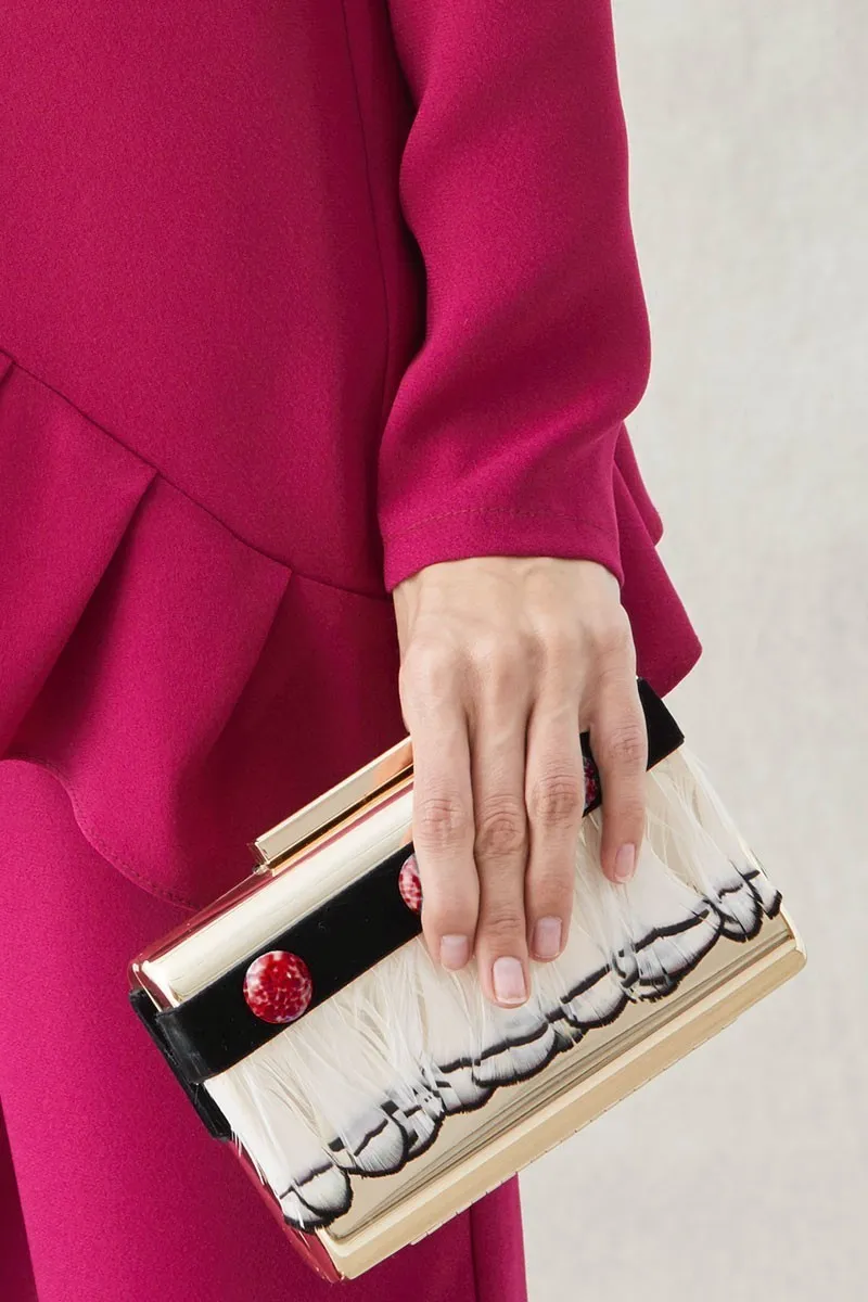 Clutch Con Plumas Blancas Y Negras Y Piedras Rojas