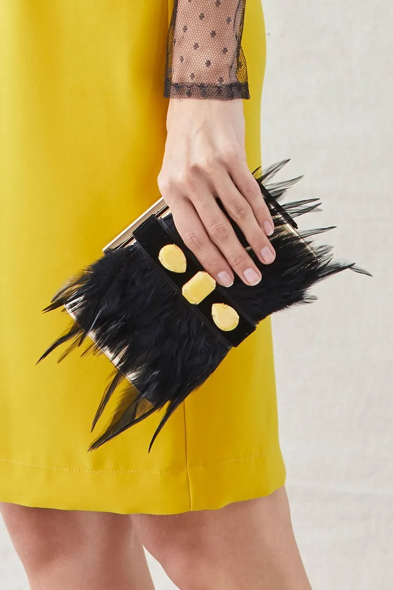Clutch Plumas Negras Y Piedras Amarillas