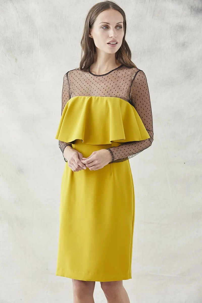 Vestido Corto Mostaza Plumetti Amalia